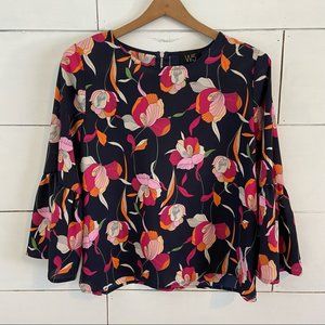 Anthropologie W5 Navy Floral Bell Sleeve Blouse. Size Small. EUC